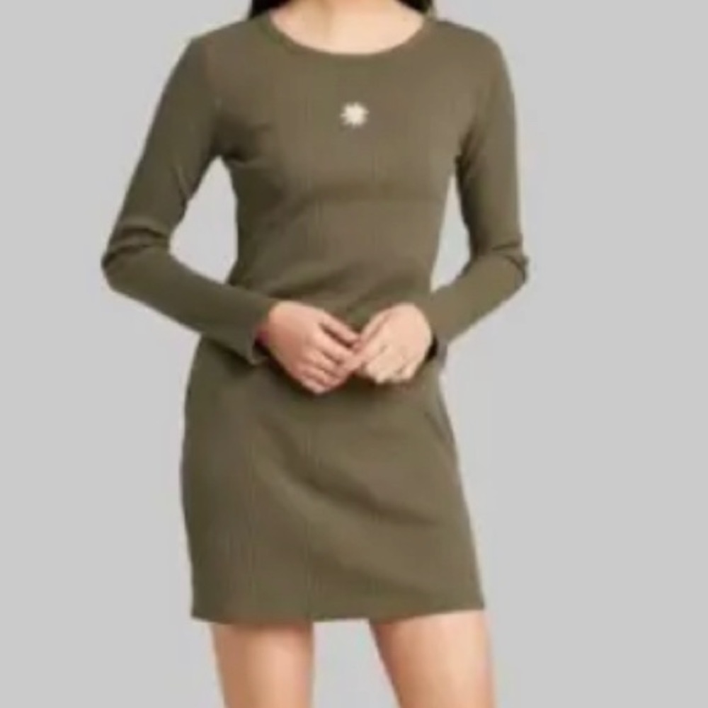 Olive Long Sleeve Bodycon Dress - Olive/Yellow Embroidered